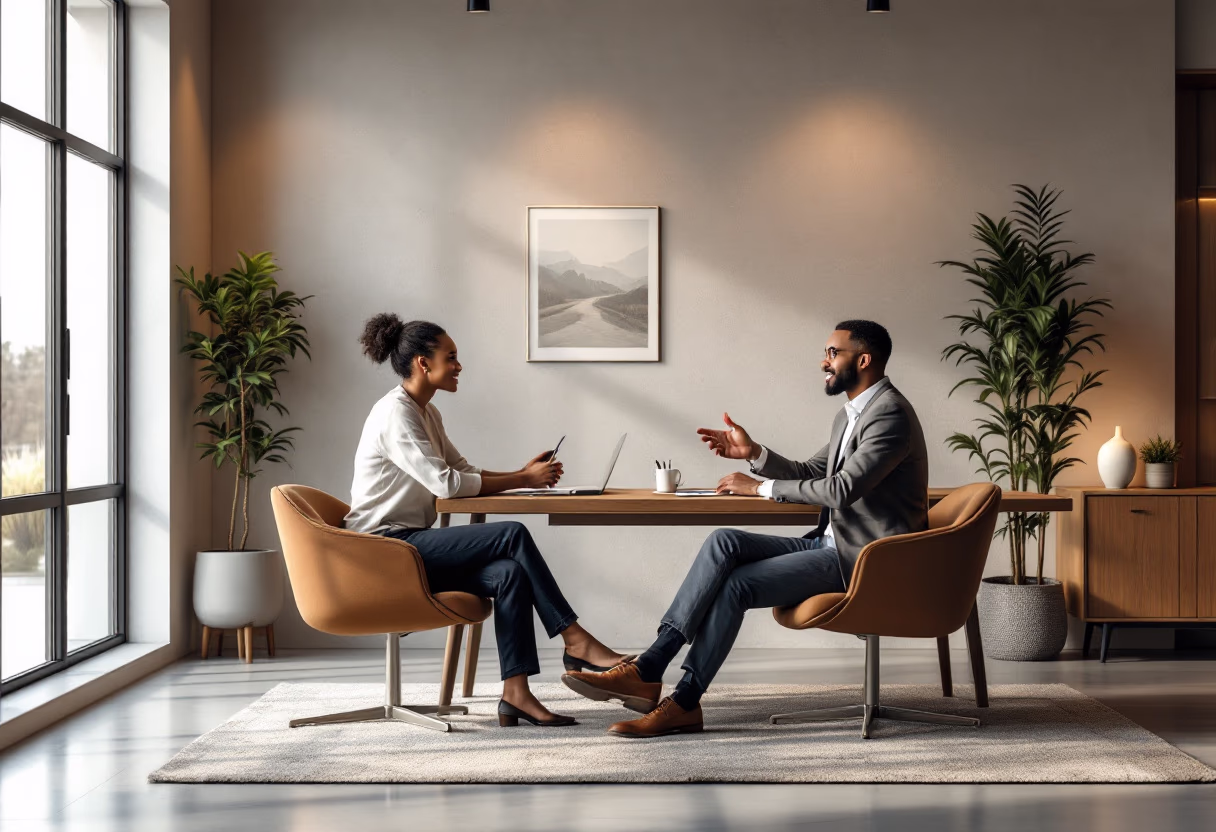 business meeting of finance and technology specialists